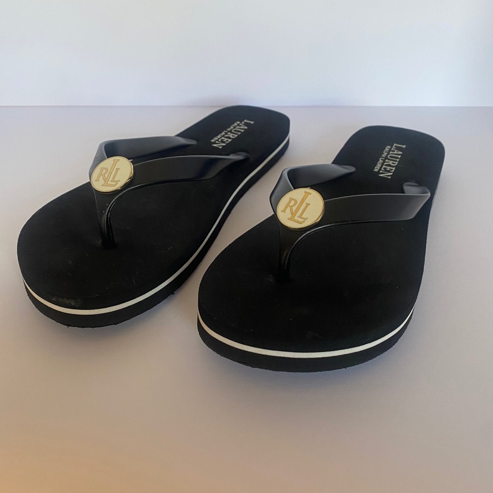 Lauren Ralph Lauren Flip Flop Sandals Womens 5/6 Black Excellent Logo‎ Thong